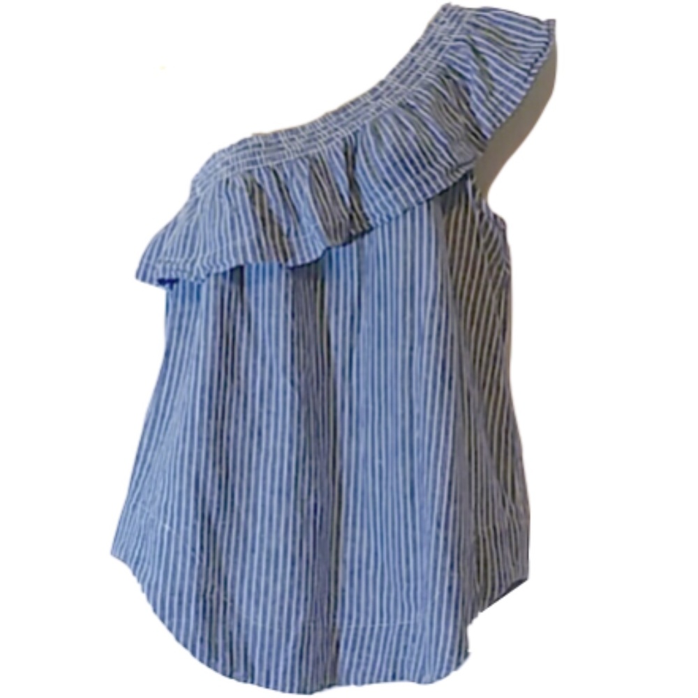 Striped Chambray Ruffled One Shoulder Blouse
